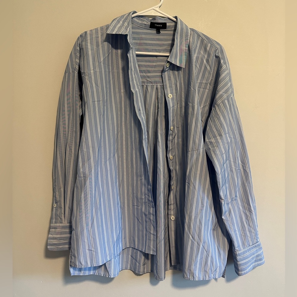 Theory Lourah Oversized Striped Blue and White Shirt Small